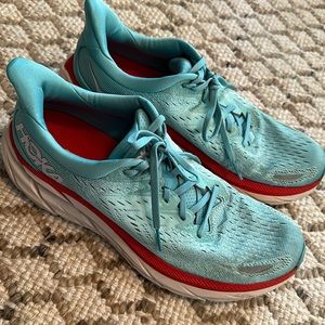 Hoka Clifton 8, women’s 10. Light teal and coral. Used